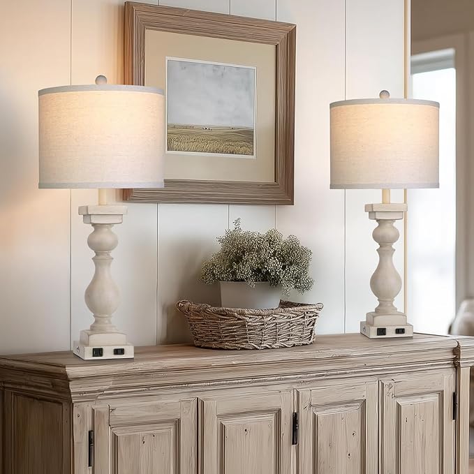 28" Tall Farmhouse Table Lamps Set of 2 with USB C+A Ports and AC Outlet, 3 Way Touch Tall Rustic Bedside Lamps for Living Room, Cream Vintage Lamps for Bedroom
