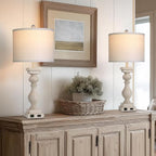 28" Tall Farmhouse Table Lamps Set of 2 with USB C+A Ports and AC Outlet, 3 Way Touch Tall Rustic Bedside Lamps for Living Room, Cream Vintage Lamps for Bedroom