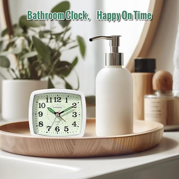 Small Battery Travel Alarm Clock, Analog Clocks for Bedrooms, Bedside Nightstand Desk Tabletop Bookshelf Clock for Bathroom Office, Maximalist Decor for Home, Silver