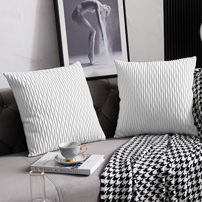 White Striped Couch Pillow Cases: 2 Pack 22x22 Inch Original Velvet Square Throw Pillow Covers for Farmhouse Home Decor