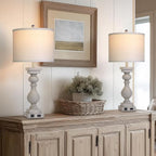 28" Tall Farmhouse Table Lamps Set of 2 with USB C+A Ports and AC Outlet, 3 Way Touch Tall Rustic Bedside Lamps for Living Room, Grey Vintage Lamps for Bedroom