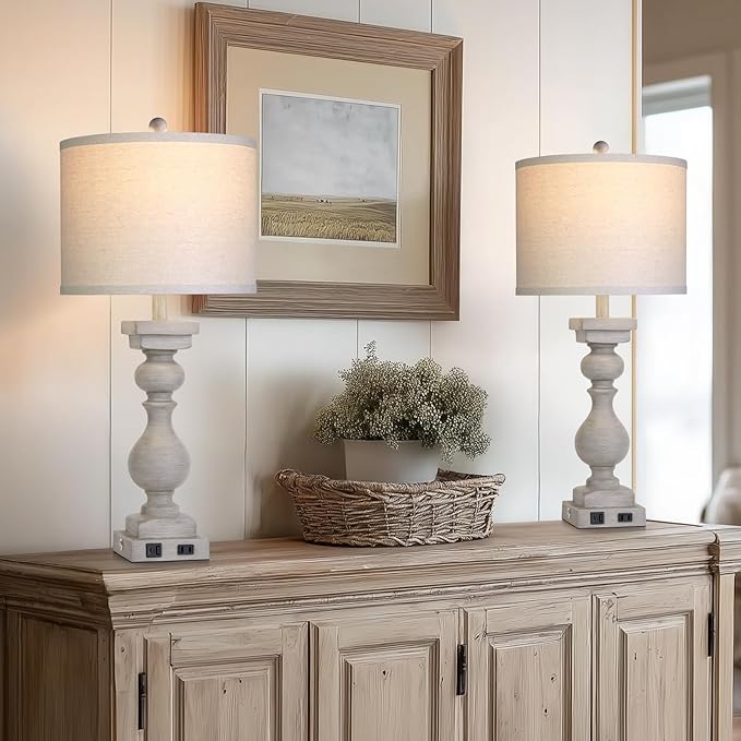 28" Tall Farmhouse Table Lamps Set of 2 with USB C+A Ports and AC Outlet, 3 Way Touch Tall Rustic Bedside Lamps for Living Room, Grey Vintage Lamps for Bedroom