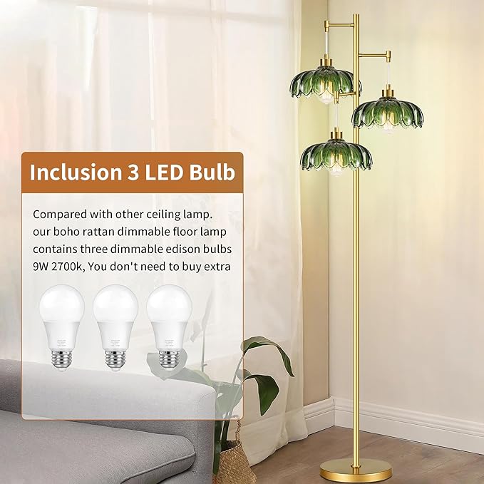 Gold Floor Lamp for Living Room Bedroom,Modern Floor Lamps with Unique Green Glass Shades,3 Lights Mid Century Tall Standing Lamp,Vintage Tree Flower Floor Lamp for Corner Office Reading