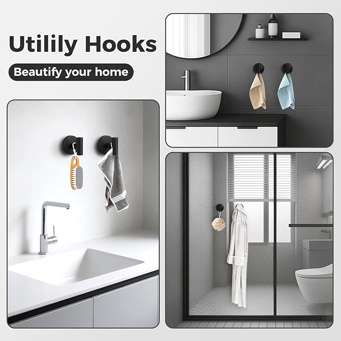 Shower Hooks for Inside Shower,No-Drill Removable&Reusable Towel Hooks for Bathroom,Heavy Duty Suction Cup Hooks for Glass Window,2 Packs(Black)