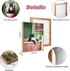 CHDITB Bathroom Black Cat Framed Canvas Wall Art Set, Funny Bathroom Wall Decor, Pink Green Toilet Artwork Black Cat Toilet Wall Painting, Tropical Art Prints Modern Home Decor - Large Size 16"x24"x3