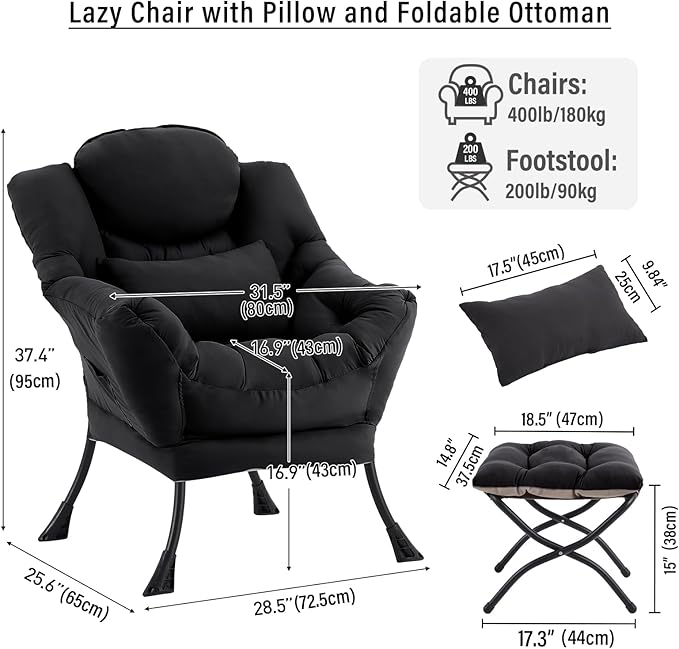 Lazy Chair with Ottoman, Modern Accent Chair with Lumbar Pillow, Black Sofa, Lounge Chairs with Folding Footrest, Oversized Supportive Chairs for Bedroom, Reading