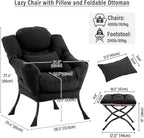 Lazy Chair with Ottoman, Modern Accent Chair with Lumbar Pillow, Black Sofa, Lounge Chairs with Folding Footrest, Oversized Supportive Chairs for Bedroom, Reading