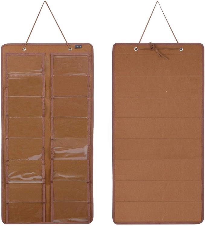 AROUY Sunglasses Organizer Storage, Hanging Dust Proof Wall Pocket Glasses Organizer - 16 Felt Slots Sunglass Organizers Holder with Metal Hook and Sturdy Rope (Brown, Dust Proof)