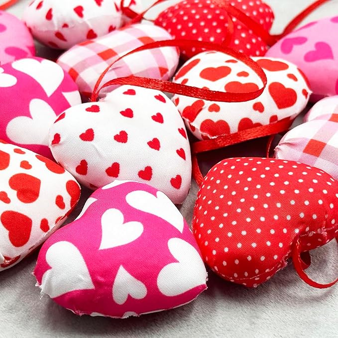 Valentines Hearts Ornaments,12PCS Fabric Heart Hanging Ornaments,Red Pink Hearts Shape Baubles Bulk for Valentines Tree Wedding Anniversary Party DIY Crafts Decorations 1.8 inch