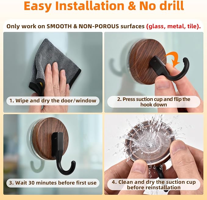 Wreath Hanger for Front Door, Upgraded Suction Cup Hook for Window Glass/Shower Mirror/Over Door, Christmas/Thanksgiving/Halloween/July 4th/Easter/Valentine/Fall/Summer/Spring(Walnut, J, 2 Pack)