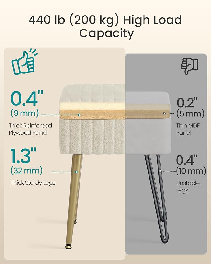 SONGMICS Vanity Stool Chair with Storage, Makeup Stool, Footrest Footstool Ottoman+H6:H29, Metal Legs, Adjustable Feet, for Living Room, Bedroom, Makeup Room, Cappuccino Beige ULOM505LZ02