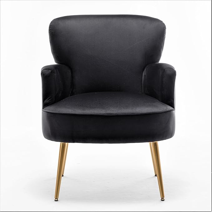 Trendy Velvet Accent Chair with Gold Metal Legs, Upholstered Armchair for Small to Mid-Size Spaces, Modern Living Room, Bedroom, Vanity Desk and Entryway, Black
