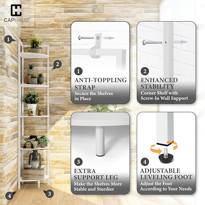 CAPHAUS 5-Tier Corner Shelf, Tall 59.1-Inch White Metal Frame Display Rack, Bookshelf Unit for Bathroom, Living Room, Home, Office