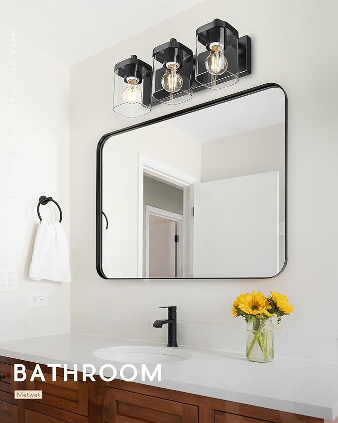 Bathroom Light Fixtures Over Mirror, 3-Light Matte Black Vanity Light with Square Clear Glass Shade, Modern Wall Sconces, Vanity Lighting Fixtures, VL194-MB-3