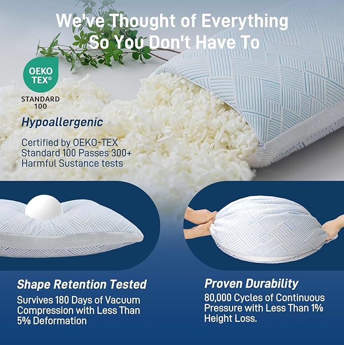 Shredded Memory Foam Cooling Soft Bamboo Viscose Pillow King Size, Adjustable Hypoallergenic Hotel Quality Bed Pillow for Side, Stomach and Back Sleeper, Oeko-TEX Certified