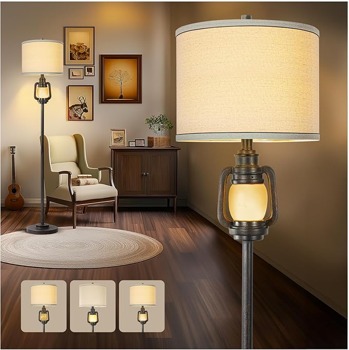 Floor Lamp for Living Room Vintage Standing Lamp with Linen Fabric Hardback Shade Industrial Tall Lamp with Night Light Decor for Living Room, Bedroom,Study, Home Office