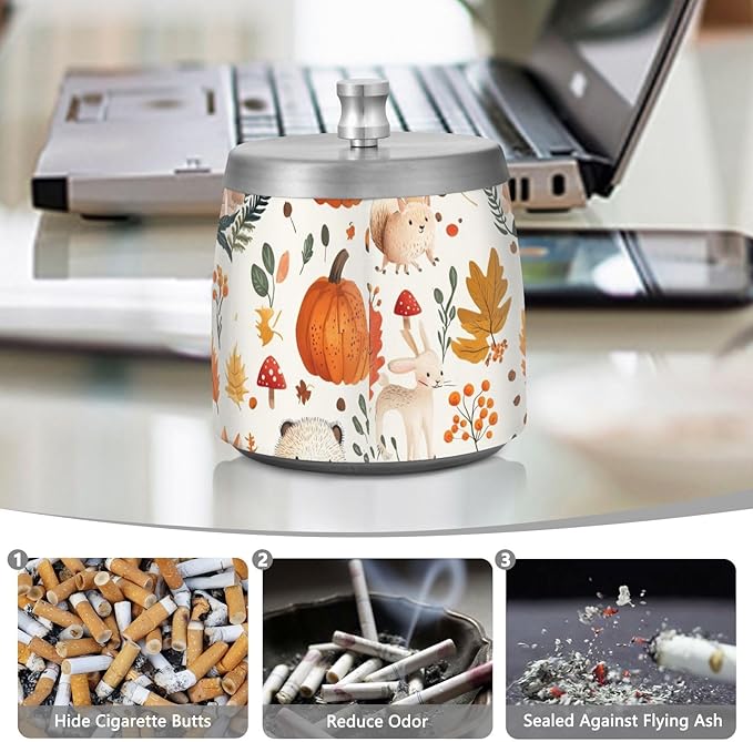 Mushrooms Fox Autumn Pumpkin Ashtray with Lid, Outdoor Ashtrays for Patio, Stainless Steel Ashtray Odorless Smokeless for Home Office Balcony