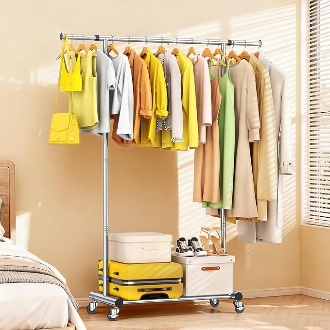 Clothes Rack for Hanging Clothes, 100% Stainless Steel Clothes Garment, Portable Sturdy Clothes Rack, Extendable Rolling Garment Rack with Wheels, Freestanding Laundry Room Bedroom Dress Shirt Jacket