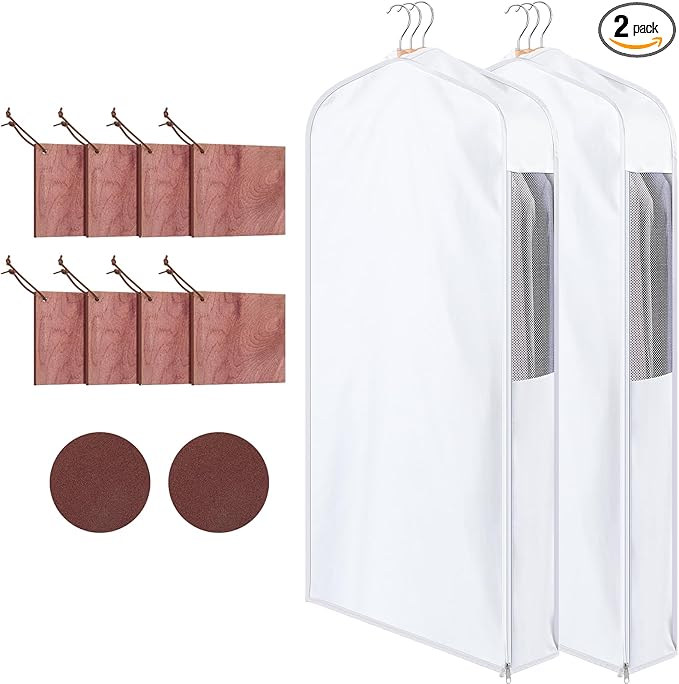 2 Set 40in Short Cotton Garment Bags, 6in Wide Gusset Hanging Storage Clothes with 8 Cedar Blocks, Transparent Mesh Window, Breathable Closet Bags for Fur Coat Suit Sweater Dress, White
