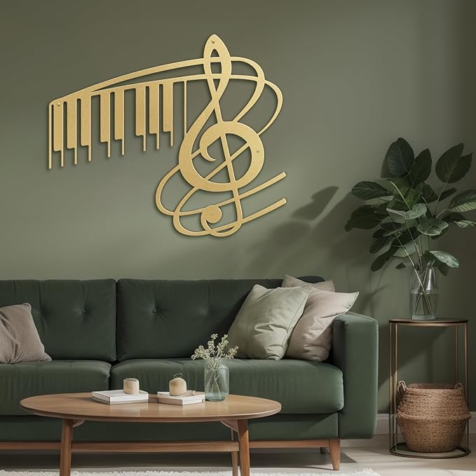 SIGNLEADER Metal Wall Art Music Note Decor - Treble Clef with Piano Key Modern Abstract Wall Sculpture Hanging Home Decoration for Living Room, Bedroom, Bathroom, Kitchen, Studio, Outdoor - 24" Gold