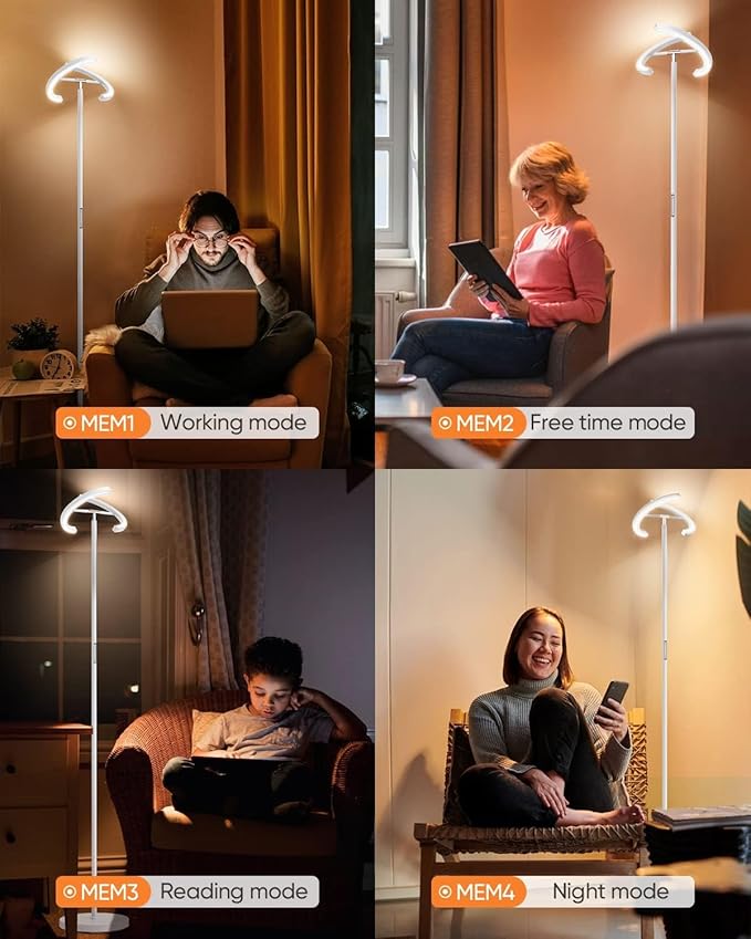 White Floor Lamp, Modern Stepless Dimmable Standing Lamp 3000-6000K, 20W LED Rotatable Reading Tall Lamp, Touch & Remote Control Uplighter Floor Lamps for Living Room Bedroom Office