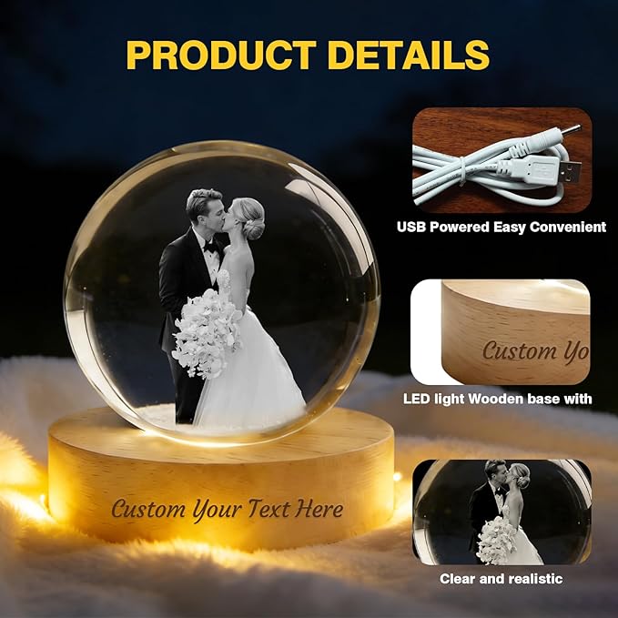 QYH Personalized 3D Crystal Photo Snow Globe, 3D Engraved Memory Sphere with Wooden Base, LED Night Light, Custom Gifts for Pets, Couples, Babies, Parents, Anniversary, Christmas, Birthday