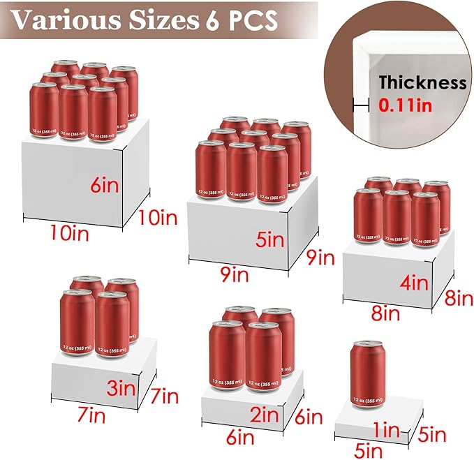 6Pcs White Buffet Risers Set (Size 5",6",7",8",9",10"),Food Risers for Buffet Table Display Stand Shelf for Party Catering Dessert Collectibles Acrylic Cube Boxes Display with Hollow Bottoms