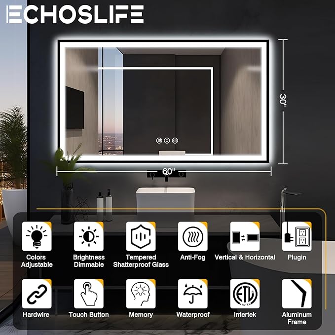 60x30 Large LED Bathroom Vanity Mirror -Black Aluminum Framed (Front and Backlit),Anti-Fog Illuminated Bathroom Mirror,Stepless 3 Colors Dimmable LED Smart Mirror(Horizontal/Vertical)