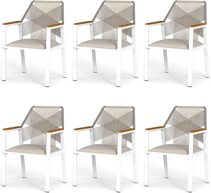 Aluminum Outdoor Patio Dining Chairs - Imitation Rope Vine Chair Ergonomic Backrest Design Detachable Seat Cushion Soft and Breathable Garden Porch White Set of 6