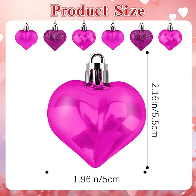 Heart Ornaments, 24Pcs Hanging Heart Ornaments, Glitter Rose Red Heart-Shaped Baubles for Outdoor Wedding Anniversary Mother's Day Romantic Galentines Valentines Day Party Decorations