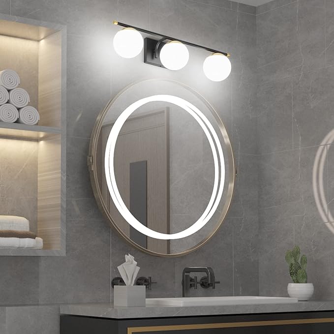 Ralbay Black and Gold Bathroom Lights 3-Light Mid Century Modern Milky Glass Black and Gold Vanity Lights for Bathroom