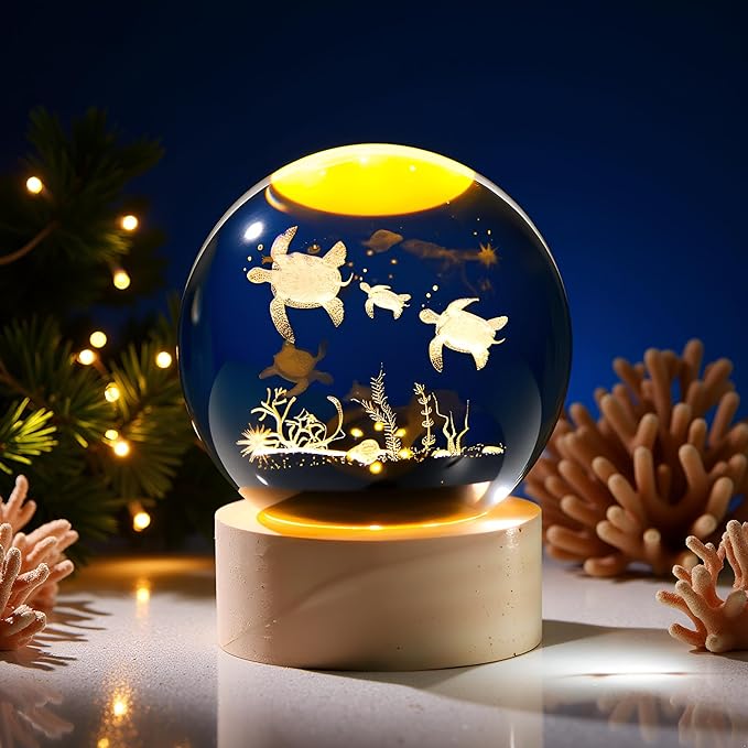 Sea Turtle Gifts for Women Men 3D Sea Turtles Crystal Ball with Wooden Light Base Glass Turtle Figurine Home Decor Gift for Mothers Valentine's Day Christmas Birthday (Diameter 2.36 inches)