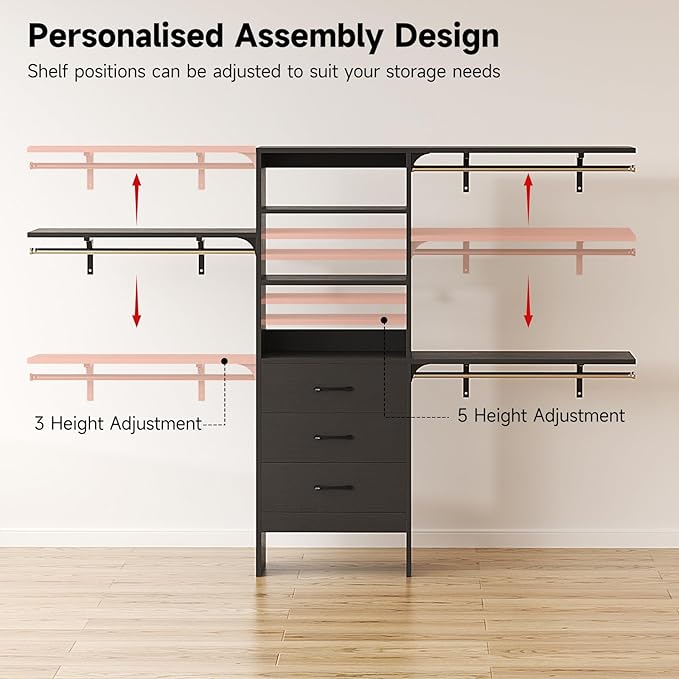 Flrrtenv 8FT Closet System, 96'' Closet Organizer System with 3 Hanging Rods, Wall Mount Bedroom Wardrobe with 3 Drawers Walk-in Closet, Adjustable Cloth Garment Rack from 5 to 8FT (Cut to Fit), Black