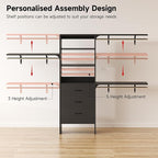 Flrrtenv 8FT Closet System, 96'' Closet Organizer System with 3 Hanging Rods, Wall Mount Bedroom Wardrobe with 3 Drawers Walk-in Closet, Adjustable Cloth Garment Rack from 5 to 8FT (Cut to Fit), Black