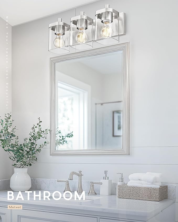 Bathroom Light Fixtures, 3-Light Vanity Light with Square Clear Glass Shade, Brushed Nickel Modern Wall Sconces, Vanity Lighting Fixtures Over Mirror, VL194-BN-3