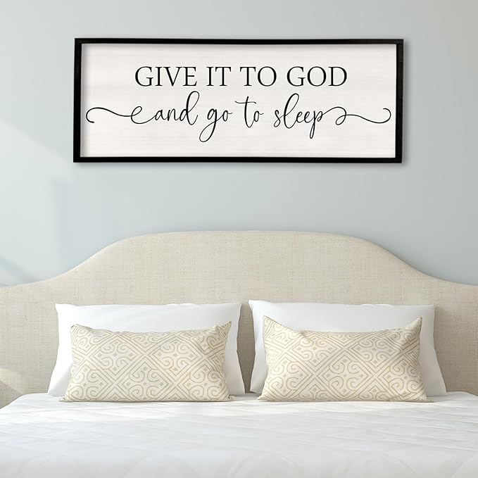 Surfapans Give It To God And Go To Sleep Sign Wall Decor Above Bed 40"x15" Master Bedroom Guest Room Over Bed Wood Rustic Framed Wall Art (Black)