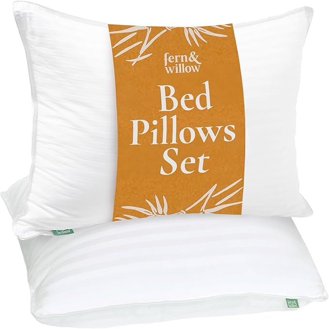 Fern and Willow Premium Bed Pillows - Set of 2, 26"x20" - Luxurious Ultra-Soft Cooling Pillow - Hotel Quality, Down Alternative Fill, Medium Firm Support for Side, Back & Stomach Sleepers