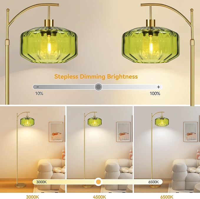 Gold Floor Lamps for Living Room Vintage Floor Lamp with Remote Control & Green Glass Lampshape,Dimmable Floor Lamp Mid Century Modern Standing Lamp Brass Tall Floor Lamps for Bedroom Corner