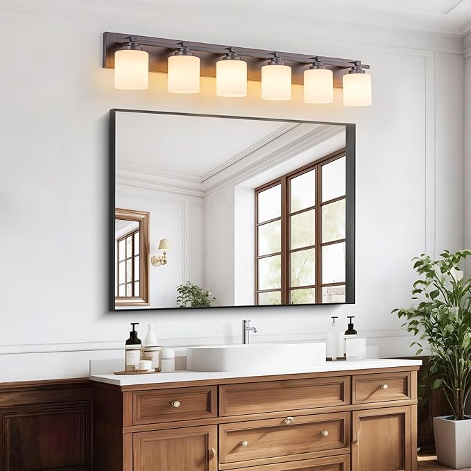 6 Light Modern Bathroom Light Fixtures Over Mirror, Bronze Finish Vanity Lights for Bathroom Wall Sconces with Milky White Glass Shades, E26 Socket (Bulbs Not Included)
