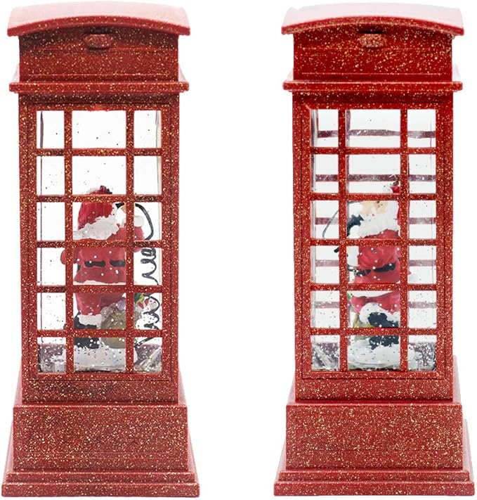 Eldnacele Christmas Snow Globe Lantern Phone Booth, Swirling Water Glittering Battery Operated Festicval Ornament with Timer for Christmas Tabletop Centerpiece Home Decoration(Phone Booth)