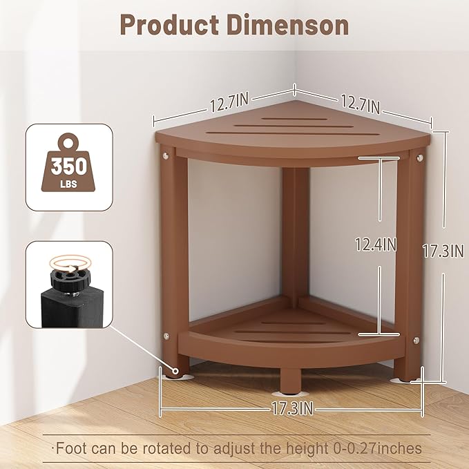 Shower Stool for Inside Shower, Corner Shower Bench Seat, HDPE Waterproof Shower Stool for Shaving Legs with Baffle Storage Shelf, Shower Seat/Foot Rest for Bathroom, Indoor/Outdoor Use, Teak