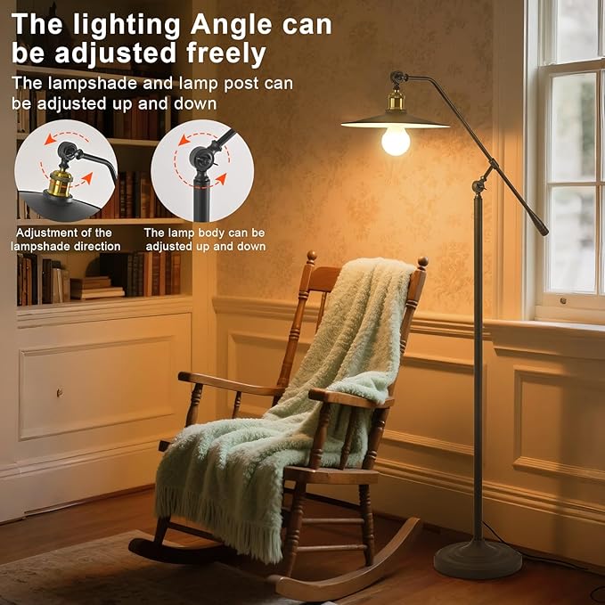 Swing Arm Floor Lamp Smart Remote Dimming for Living Room Corner Table Bedroom Office Library Farmhouse Reading Standing Tall Lights, Bright Adjustable Black Retro Rustic Industrial Home Decor