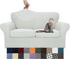 YEMYHOM Latest Checkered 3 Pieces Couch Covers for 2 Cushion Couch High Stretch Thickened Love Seat Sofa Cover for Dogs Pets Anti Slip Elastic Loveseat Slipcover Protector (Ivory), 55"-69"(2 CUSHIONS)