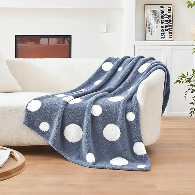 CozeCube Super Soft Fullfy Microfiber Reversible Knitted Blankets, Warm Cozy Fuzzy Plush Throw, Dusty Blue and White Polka Dot Throw Blanket for Couch Bed Sofa, 60" x 80"