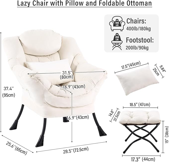 Lazy Chair with Ottoman, Modern Accent Chair with Lumbar Pillow, Velvet Beige Sofa, Lounge Chairs with Folding Footrest, Oversized Supportive Chairs for Bedroom, Reading
