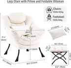 Lazy Chair with Ottoman, Modern Accent Chair with Lumbar Pillow, Velvet Beige Sofa, Lounge Chairs with Folding Footrest, Oversized Supportive Chairs for Bedroom, Reading