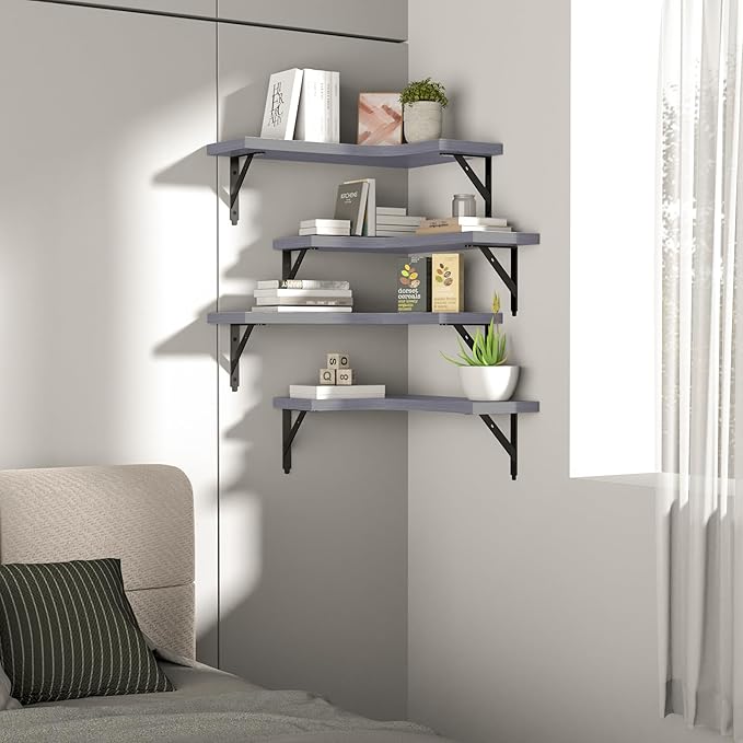Corner Floating Shelves Wall Mounted Set of 4, Rustic Wood Storage Display Wall Shelves for Home Decor, Bathroom, Kitchen, Bedroom, Living Room, Office (Light Grey)
