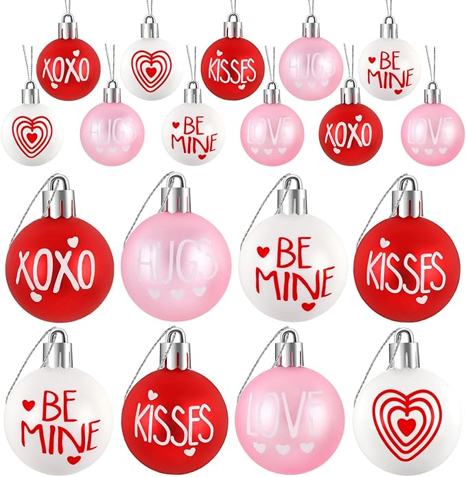 JULMELON 24 Pcs Valentine's Day Ball Ornaments, Red Pink White Heart Decorations with Letters, Plastic Hanging Orbs for Tree Party Supplies Valentine's Day Party Decor