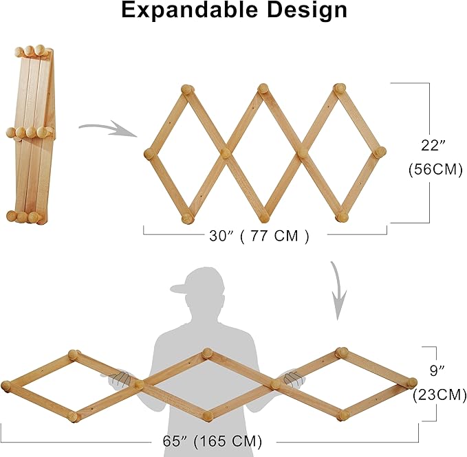 Dseap Expandable Coat Rack (Larger Version) - 24” High, Anti-Slip, Ultra Heavy Duty Wooden Accordian Wall Hanger with 10 Study Peg Hooks for Clothing Hats Jackets Bags, Natural