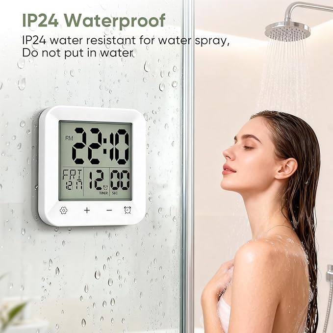 Bathroom Clock Waterproof Shower Timer, Digital Wall Clock with Countdown, Touch Screen, LCD Display, Temperature, Suction Cup/Hanging Hole/Stand, Spa Sauna, Kids and Adults I White